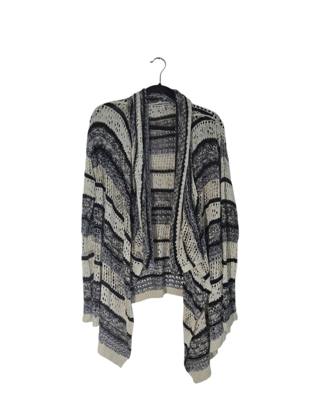 Moral Fiber Acrylic Open-Front Black & Cream Striped Knit Sweater